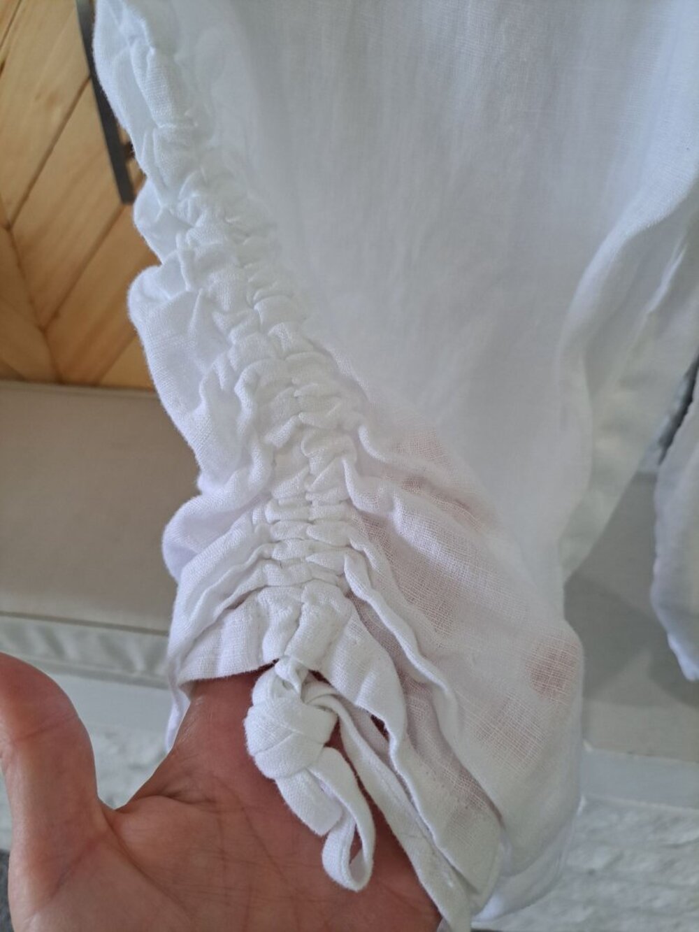 Et' Lois White Linen Drawstring Pants Ruched Hem Elastic Pull On Waistband S - Picture 3 of 11